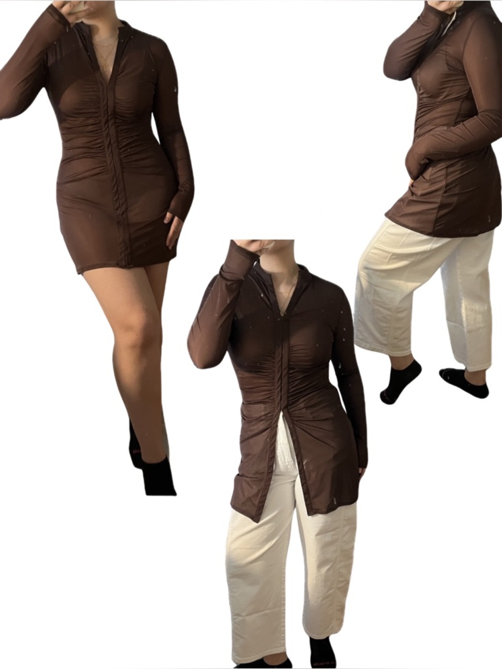 Skims Sheer Ruched Long Sleeve Mini Dress, Cocoa - M